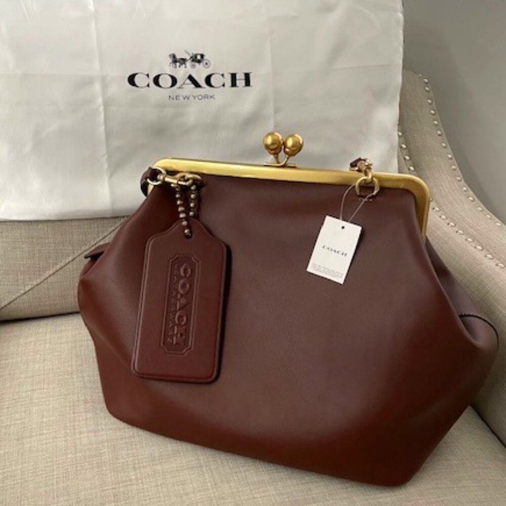 Coach Brown Leather Kiss-Lock Frame Satchel with Gold Hardware